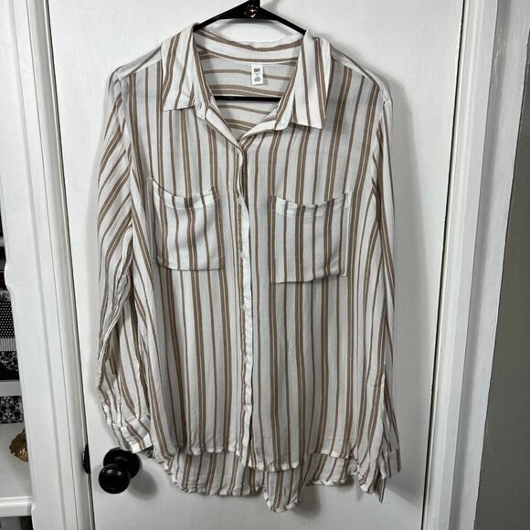 Nordstrom BP Tan & White Striped Button-Up Shirt | Long Sleeve Hi-Low Hem Size L - Picture 2 of 10